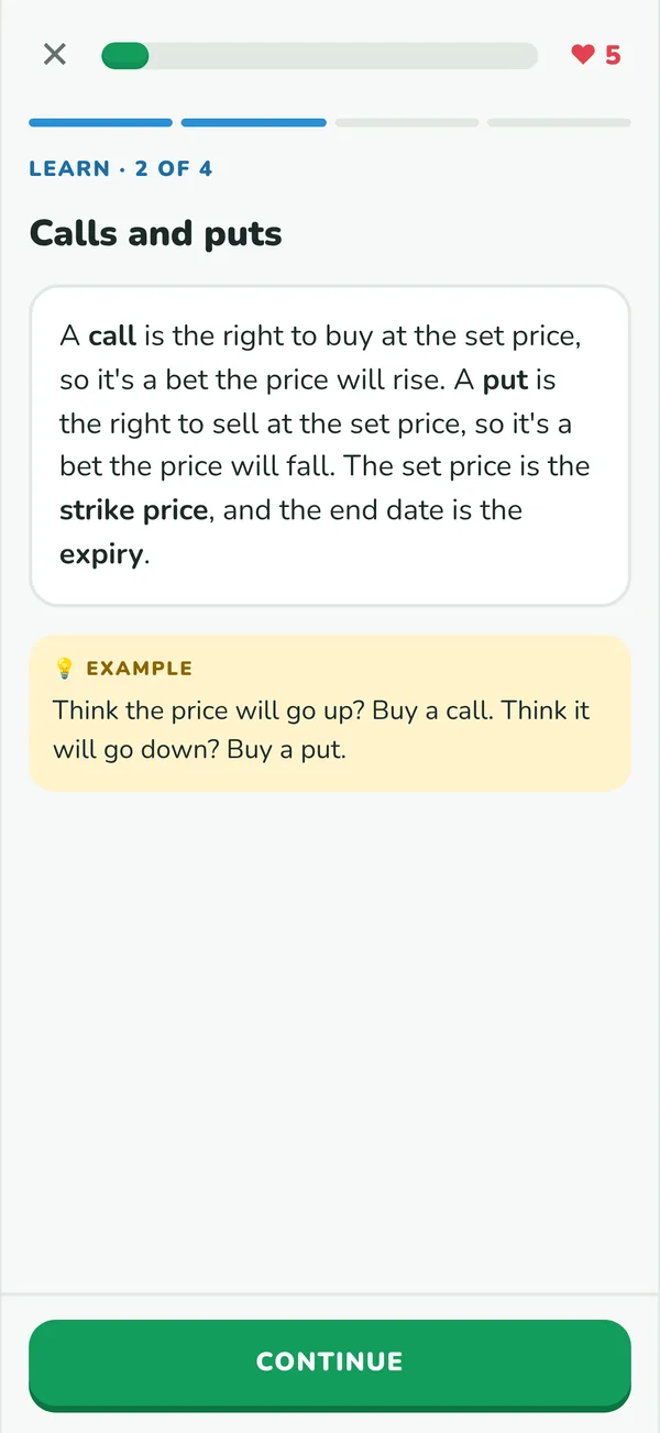 A learn card explaining calls and puts